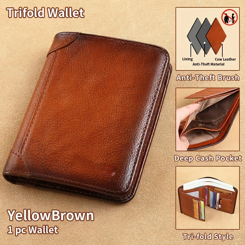 9-Slot Mens Cowhide Wallet - Ample , Dual Mirror Windows, Anti-Demagnetization, Anti-Theft Brush - Stylish Gradient Color, Perfe