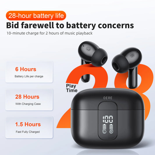 QERE E50 Wireless Headphones com microfone,touch contro, redução de ruído Earhooks, impermeável Headset, Bluetooth 5.3 Earphones