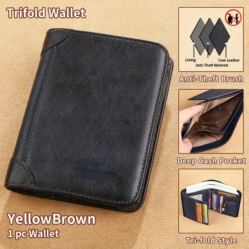 9-Slot Mens Cowhide Wallet - Ample , Dual Mirror Windows, Anti-Demagnetization, Anti-Theft Brush - Stylish Gradient Color, Perfe