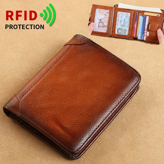 9-Slot Mens Cowhide Wallet - Ample , Dual Mirror Windows, Anti-Demagnetization, Anti-Theft Brush - Stylish Gradient Color, Perfe